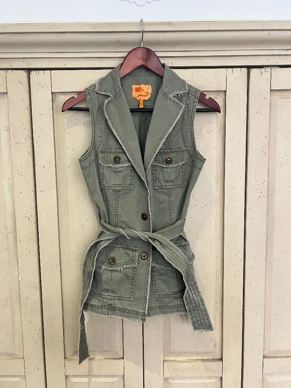 Twill Twenty Two Y2K Olive Cotton Safari Utility Vest Belted Frayed Edges Size P